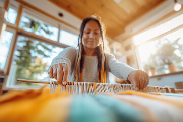 Indigenous artisan skillfully weaves a vibrant and colorful blanket using a traditional loom, her hands expertly manipulating the threads to create a beautiful textile