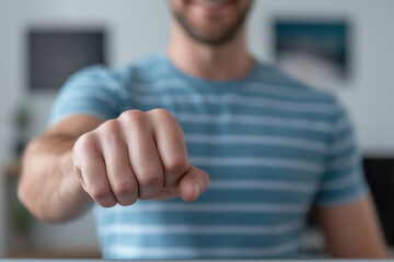 Smiling man raising his fist, symbolizing power, strength, and determination in a bright indoor space, exuding confidence and motivation while embracing success and achievement