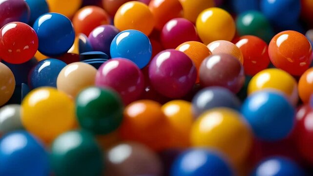Vibrant pile of colorful spherical objects displaying a spectrum of diverse colors and smooth textures creating a cheerful and playful composition.