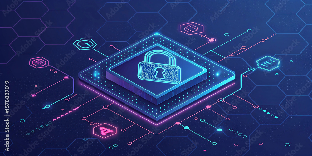 Poster cybersecurity fortress: a digital representation of a robust cybersecurity system, the padlock symbo