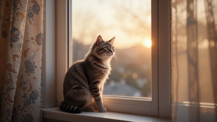Curious Cat Sitting on Windowsill Gazing at Scenic Sunset in Warm Light