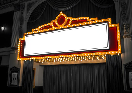 Classic marquee sign with lights, featuring a large blank space for custom messages, framed by a red and gold border, propped up in a vintage theater lobby with velvet curtains.