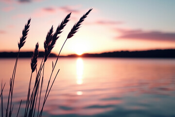 Soft sunlight creates a warm, inviting glow on the water's surface as the sun sets behind the horizon, casting a peaceful ambiance with silhouettes of grass in the foreground