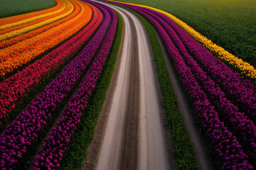 Winding dirt road meanders through a vast field of tulips in various colors, creating a breathtaking tapestry of nature's beauty during full bloom