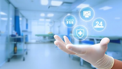 Obraz premium Hand in surgical glove holds transparent medical icons, Hospital room with cutting-edge medical technology and patient-focused services