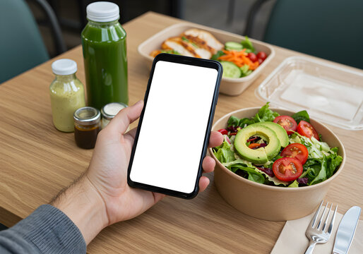Man holds a smartphone showing blank screen at a table with salads, chicken and green juice in takeaway containers, advertising healthy eating and modern lifestyles.