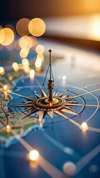 Close-up of an antique compass rose on world map with glowing lights, representing navigation and exploration, with blurred background.