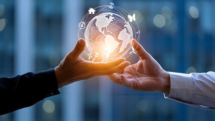 Hands Holding a Glowing Globe Representing Global Connectivity and Sustainability, A symbolic representation of global collaboration, innovation, and interconnectedness