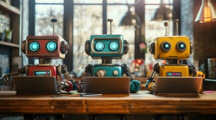 Three retro robots using laptops at a wooden table.