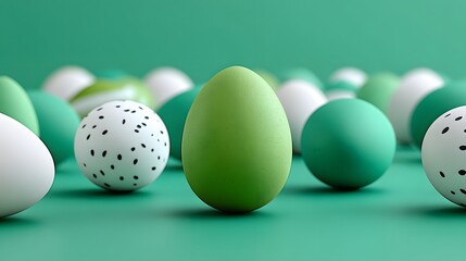 Colorful Decorative Eggs of Various Sizes and Patterns on a Solid Green Background with Focused Green Egg
