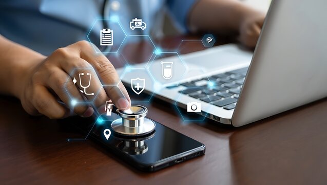 Telemedicine Concept: Doctor Using Stethoscope with Smartphone, Digital Health Technologies for Healthcare Services, Remote Diagnosis with Doctor's Stethoscope
