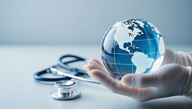 Global Healthcare in Safe Hands: A Stethoscope and World Globe Symbolizing Worldwide Medical Care, Protecting global health with sterile glove: stethoscope, globe, hand in medical scene - Powered by Adobe