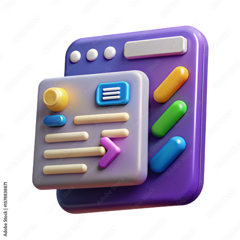 Poster 3d render of a modern website interface with a transparent background, featuring a unique design and