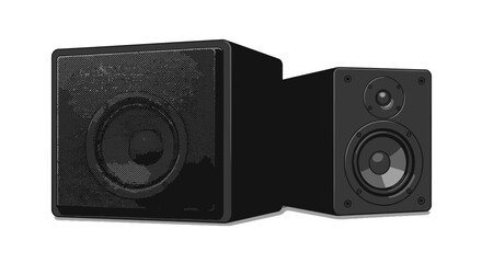 Two Black Audio Speakers with Different Sizes and Textures Side by Side.