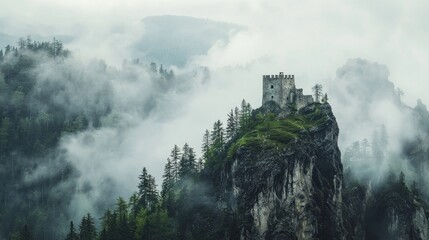 A lone castle stands in a mountain fastness surrounded by mist rugged cliffs and ancient pine trees in a remote and mysterious landscape