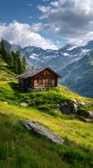 Mountain Chalet on Grassy Hillside with Snow Capped Peaks