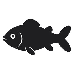 A black silhouette of a fish swims, isolated on white background