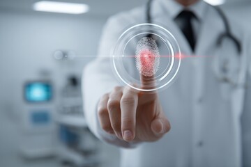 Doctor scans fingerprint on interface, representing secure medical data access and identity verification for healthcare applications.