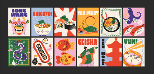 Japanese asian culture posters in minimalist style. Cartoon traditional motifs, sushi, geisha, koi fish, sakura blossoms and ramen. Wall decor, trendy banners. Decor of wallpaper, print and placard