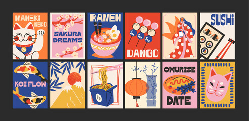 Japanese asian culture posters in minimalist style. Cartoon traditional motifs, sushi, geisha, koi fish, sakura blossoms and ramen. Wall decor, trendy banners. Decor of wallpaper, print and placard