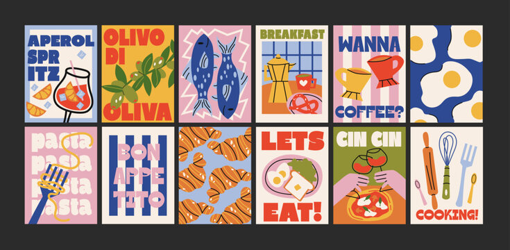 Abstract food posters for the kitchen. Culinary compositions in cartoon trendy style of Matisse. Decor for kitchens, cafes and restaurants. Minimalist banners for wall decor, prints, wallpaper.