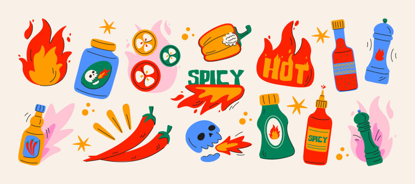 Spicy food shapes in retro cartoon style. Condiments and peppers: chili, hot sauce, flames, jalapeno. Hot taste stickers, illustration in funky, doodle style, trendy sticker set.