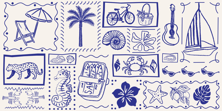 Seamless tropical pattern in retro cartoon style. Nautical and summer elements: palm trees, shells, fruits, sea creatures, beach icons.Graphic layout with Mediterranean holiday mood and coastal poster