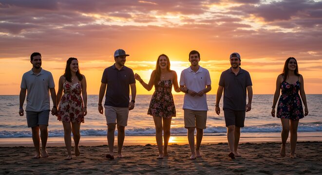 Silhouetted group of friends stroll along a beach at sunset, enjoying a vibrant sky and ocean view.