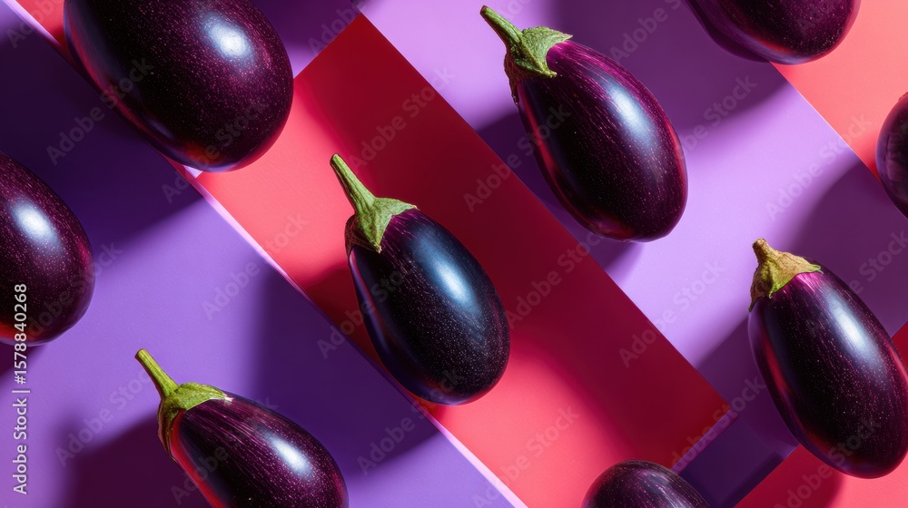 Poster composition of eggplants arranged in an abstract zigzag pattern with vibrant neon shadows on a clean