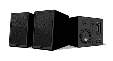 Obraz premium Three Black Audio Speakers with Grills and Control Panel Illustration.