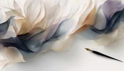A horizontal illustration for Calligraphy Day, showing a single elegant calligraphy pen resting beside flowing ink strokes on paper. 