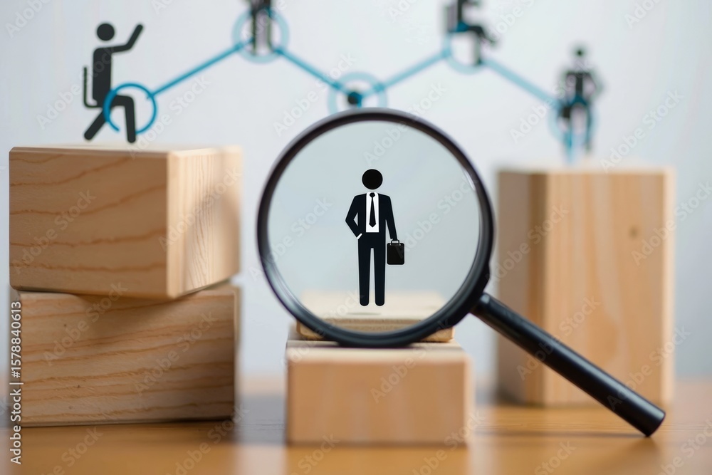 Aufkleber headhunting concept: magnifying glass focusing on manager icon on wooden block with network of organ