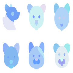 Six stylized robot heads with varied designs, featuring red eyes and dark blue bodies, arranged in two rows.