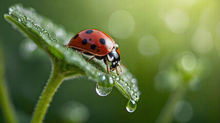 Fototapeta premium Ladybug on a Dewy Leaf
