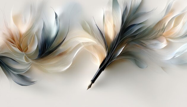 A horizontal illustration for Calligraphy Day, showing a single elegant calligraphy pen resting beside flowing ink strokes on paper.