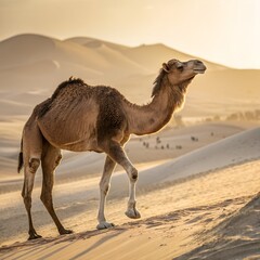 Camel walking on sand dune in desert at sunset dromedary