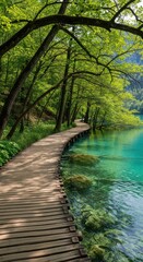 Wooden boardwalk curving along turquoise water in a lush green forest
