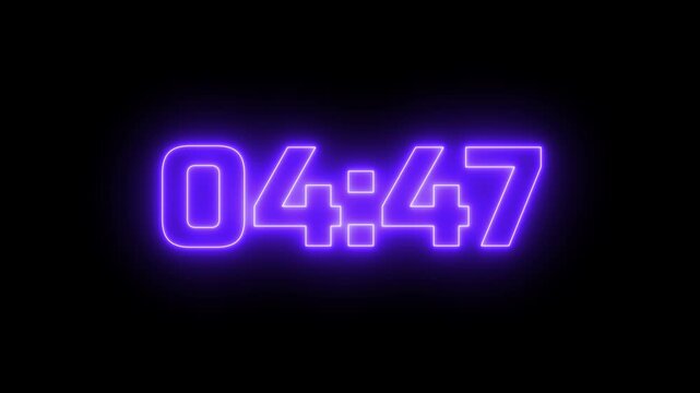 5 minutes countdown timer animation with glowing neon digital-style numbers on black background.Neon Digital Number Clock,intros, motion graphics, live streams, presentations,