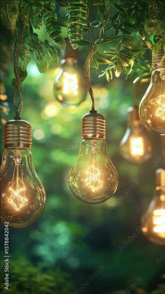 Poster lights strung in trees and bushes, illuminating the greenery with soft glows.