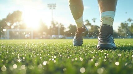 Person walking on grassy field at sunset