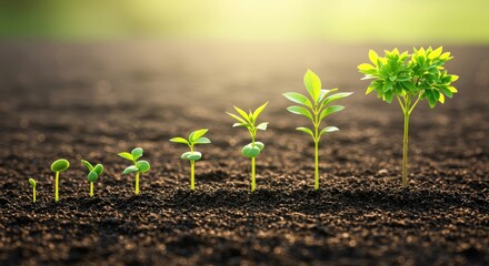 Fototapeta premium Seedling Journey: A photographic illustration of growth and transformation of a plant, charting its development from a humble seed to a flourishing tree.