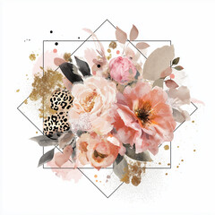 image outlined in a fine black line. Inside the shape is filled with a feminine, country-style collage of soft pastel florals 