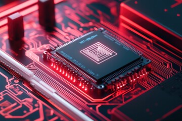 Glowing AI Chip on a Red Circuit Board