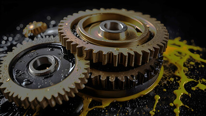 Shiny metal gears and cogs reflect on a wet black surface