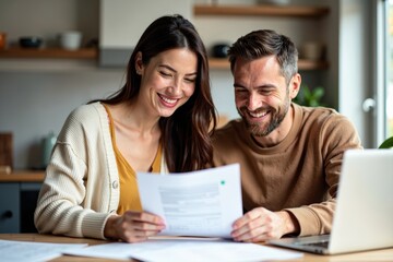 A Smiling Couple Working Together on Budgeting in Their Kitchen: An Upbeat Financial Team
