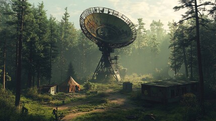 rusted satellite dish towers above an overgrown forest clearing