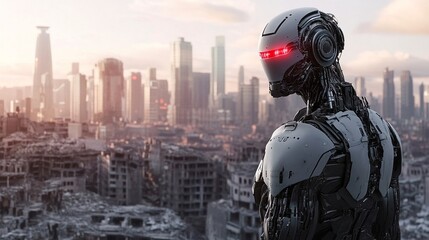 humanoid robot with glowing red eyes surveys the ruins of a destroyed urban landscape