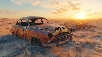 A decaying, rust-covered vintage car lies abandoned in a vast desert landscape 