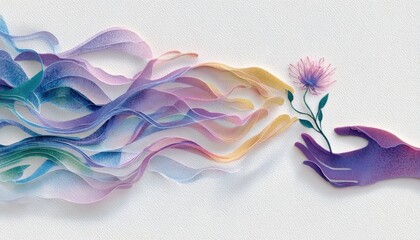 A horizontal illustration for Mother's Day, showing two hands gently holding a small blooming flower. 