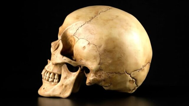 Human skull in profile, aged, with visible sutures, teeth, on a black background